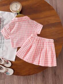 Camisa de manga corta con cuello a cuadros para niña - Rosa - Ver 2