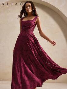 Aliao Wine Red Lace Spaghetti Strap Backless Dress, A-Line Waist Cinched, Elegant For Spring/Summer Vacation, Dates, Weddings - Burgundy - View 5