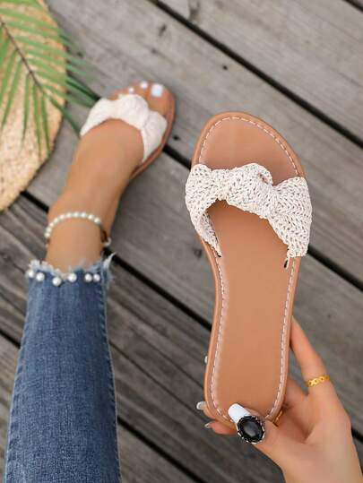 Women's Latest Woven Twist Knot One-Strap Sandals, Straw Braided Wide Strap Soft Bottom Non-Slip, Gentle Elegant, Comfortable All-Day Wear, Suitable For Work, Daily Commute, Beach, Vacation, Shopping, Picnic, Night Market, Home Wear