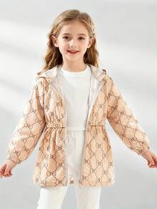 1pc Girls' Sweet Hooded Long Sleeve Jacket, Butterfly Print, Cinched Waist & Elastic Cuffs, Versatile Casual Wear For Spring/Summer/Autumn - Apricot - View 2