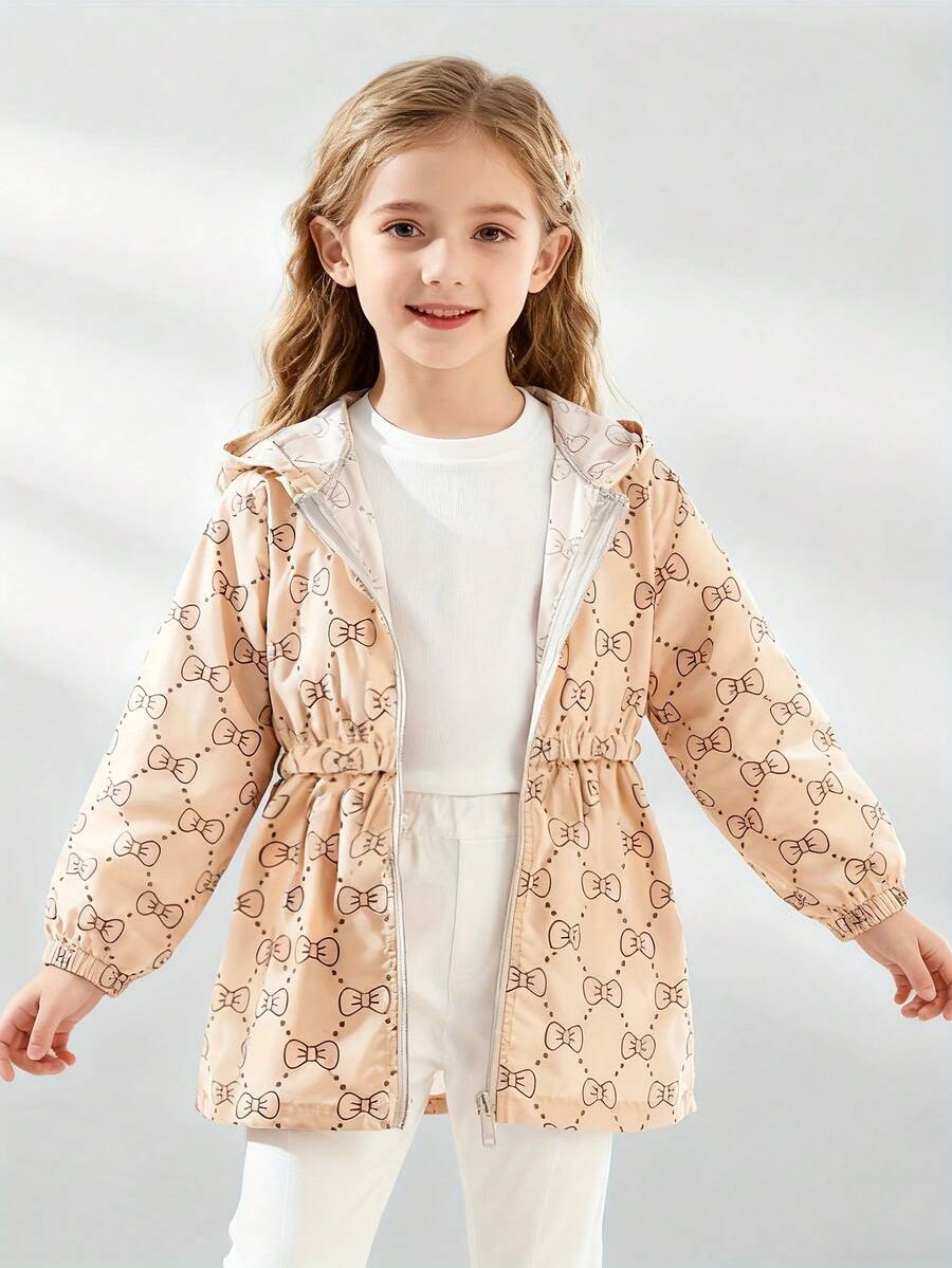 1pc Girls' Sweet Hooded Long Sleeve Jacket, Butterfly Print, Cinched Waist & Elastic Cuffs, Versatile Casual Wear For Spring/Summer/Autumn