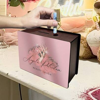 DIY木质存钱罐/小猪存钱罐 - 粉色女孩手指银色闪光艺术文字设计，家居餐桌客厅装饰配件，适用于青少年卧室、办公桌、婚礼、情人节、生日、圣诞节、复活节、返校季、家居装饰，非电动