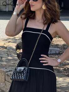 优雅无袖方领女士长款连衣裙，时尚A字梭织面料，露背设计，中等弹力。 - 黑色 - 查看 6