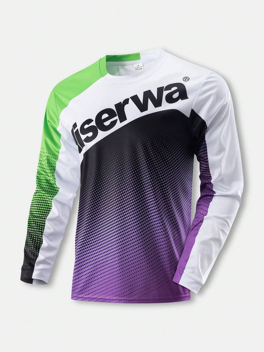 HISERWA Men's Motorcycle Riding Gear: Gradient Polka Dot Colorblock Long Sleeve T-Shirt, Quick-Dry Sporty Style - Black - View 1
