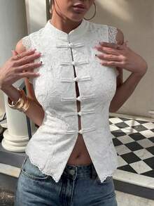 Solid Color Front Button Hollow Lace Patchwork New Chinese Style Button Design Sleeveless Top White Summer - White - View 2