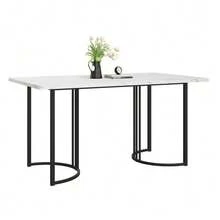 140 X 80cm Dining Table (1 Piece), Modern Kitchen Table, Metal Frame, Rectangular Dining Table With Modern Marble Pattern, Kitchen Table With Adjustable Legs For Dining Room/Living Room, White/Black - White - View 3