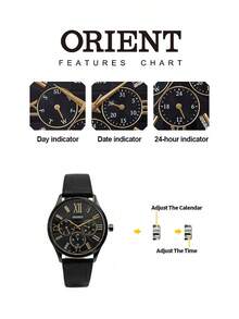 Orient 优雅多功能女士腕表 FSW03002W0，玫瑰金水晶表圈，珍珠贝母表盘，日期显示，24 小时子表盘，三角形刻度，白色鳄鱼皮表带，女士奢华礼物，适合正式场合、日常佩戴、毕业典礼、生日、母亲节等场合。 - 黑色 - 查看 7