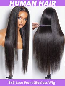 5x5 透明闭合式假发，即戴即用，无需胶水，预先拔毛，预先剪裁，蕾丝闭合式假发，180 密度，直发，真人发，5x5 透明蕾丝前假发，真人发，超柔软（8-30 英寸），自然黑 - Natural Black - 查看 4