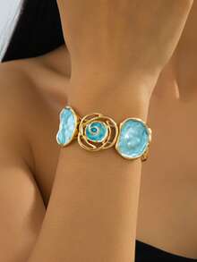 Colorful Painted Oil Geometric Rose Flower Elastic Bracelet, Fashionable Elegant Alloy Bangle For Women - Turquoise - View 11