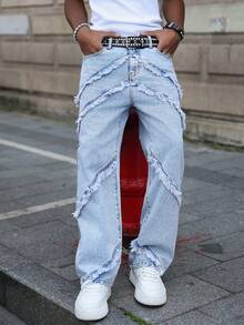Jeans de mezclilla con parches y deshilachados, estilo urbano para hombres - Lavado ligero - Ver 2