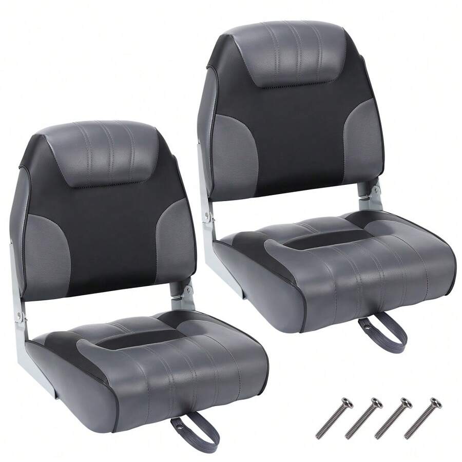 Pack de 2 asientos plegables para barco, respaldo alto y bajo, acolchado grueso, impermeables, estructura resistente - Ideales para pesca, lanchas rápidas, botes jon y canoas - D - Ver 1