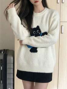 Women's Casual Cat Pattern Round Neck Drop Shoulder Long Sleeve Sweater, Suitable For Daily Wear, Spring Break, Vacation, Concerts, Boho Style, Music Festivals, Holidays, Halloween, Christmas, Thanksgiving White - White - View 2