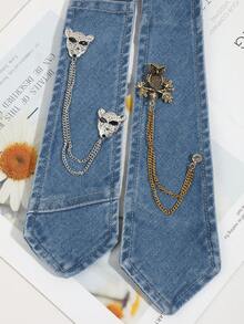1pc Unisex Fashion Casual Minimalist Denim Style Owl & Leopard Head Chain Decor Clip-On Tie, Comfortable Versatile For Daily, Party, Date Matching - Blue - View 2