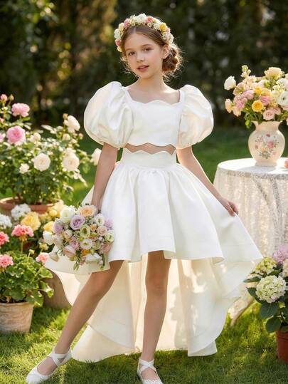 Tween Girl White Petal Sleeve Trailing Elegant Holiday Party Dress Set, Suitable For Birthday Party, Valentine's Day Gift, Masquerade Ball, Flower Girl, School Performance, Holiday Celebration