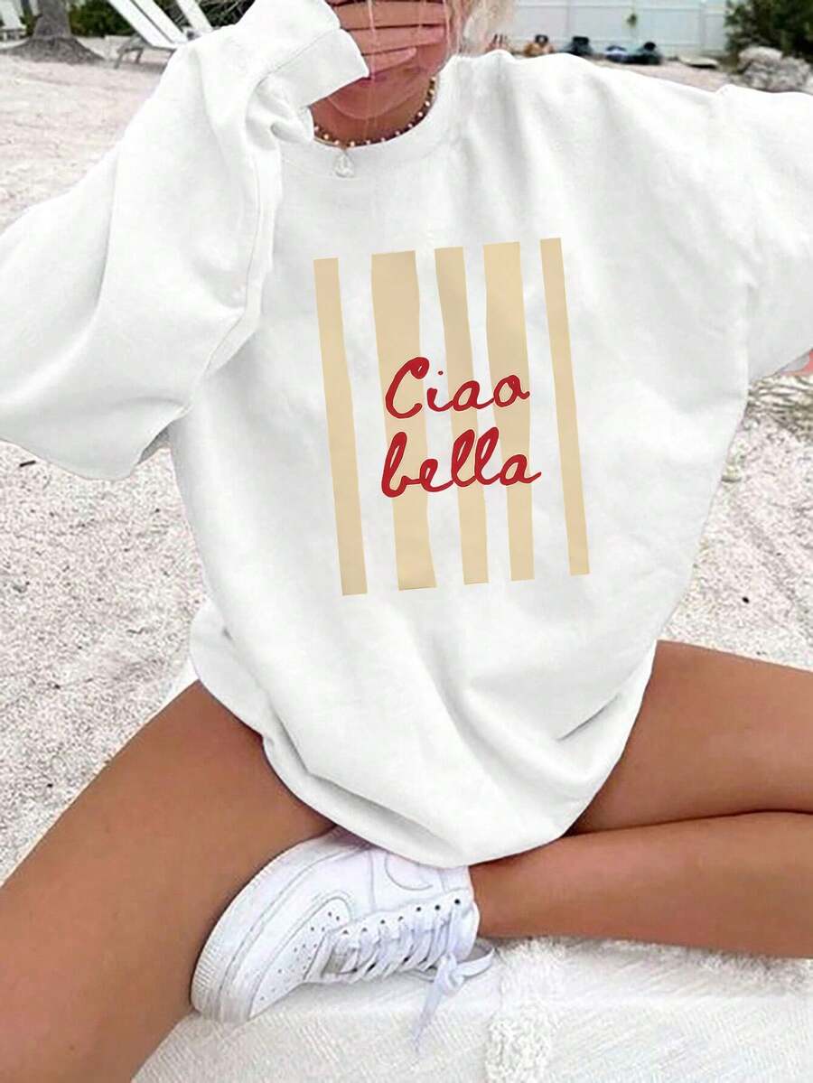 Women's Round Neck Sweatshirt, Sweet And Fresh Knitted Sweatshirt With Graphic Print, Long Sleeve - White - View 1