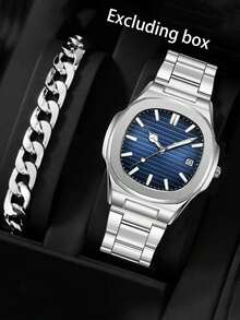 2pcs Fashion Classic Square Calendar Watch & Flat Chain Bracelet Set - No Box - View 2