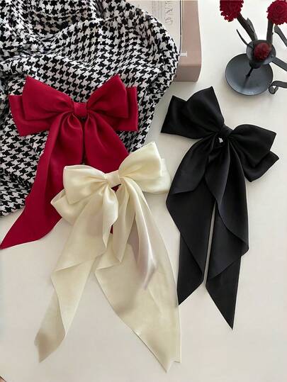 1-Piece / 2 Pieces Set: Women's Black & White Long-Ribbon Bow Hair Clips - Simple & Elegant Satin Spring Clips For Hair Styling | Hair Accessories