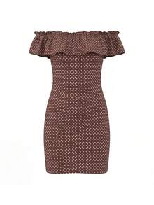 Women's Off Shoulder Dress Ruffle Sleeveless Dots Print Slim Fit Mini Dress For Party Club Dating - Dark Brown - View 6