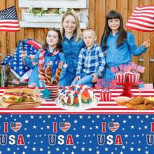 Paquete de 3 manteles patrióticos del 4 de julio – I LOVE USA - Mantel de plástico desechable con bandera americana para decoraciones del Día de la Independencia del 4 de julio, suministros de fiesta, - 1 - Ver 8