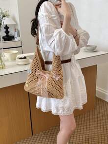 Dedoo Túi đeo vai nữ kiểu Bohemian móc len, trang trí hình bướm rỗng, túi đi biển dung tích lớn, túi đeo vai lớn móc len thủ công cho kỳ nghỉ hè, túi đeo vai đi biển dung tích lớn dệt trang trí hình bướm rỗng, túi móc len thủ công phù hợp cho sử dụng hàng ngày. - Lạc đà - Xem 6