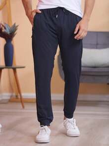 Men's Gym Pants Made Of Lightweight, Breathable, Bouncy, Cool Silk Fabric. - Navy Blue - View 3