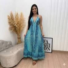 Dress, Random Print, Fabric, Backless / Bare Back, Beach - azul con azul cielo - Ver 1
