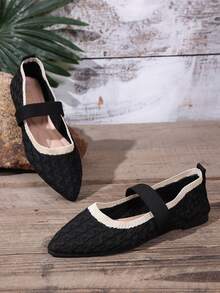 Women's Fashion Pointed Toe Colorblock Slip-On Ballet Shoes, Suitable For Spring And Summer, Plus Size - Black - View 3