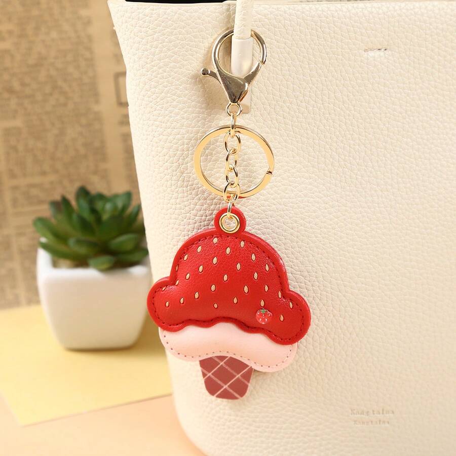 新款真皮冰淇淋可爱清新小吊坠汽车钥匙扣时尚情侣包包吊坠小礼物 - 彩色 - 查看 1