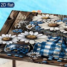 1pc Vintage Wood Grain Daisy Elastic Tablecloth, Full Coverage Anti-Slip Dining Table Cover, Suitable For Home, Living Room, Dining Room, Outdoor Camping, Picnic And Garden Party - Durable Polyester Material, Easy To Clean - Multicolor - View 8