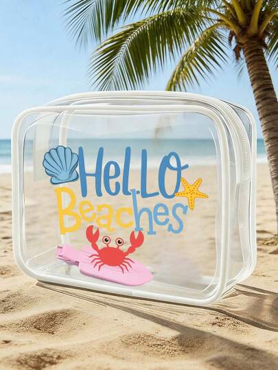 1pc "Hello Beaches" Ocean-Themed Transparent Cosmetic Bag - A Unisex, Waterproof Essential For Summer Vacations And Travel. This Lightweight, Multi-Colored Storage Pouch Serves As A Versatile Zippered Organizer, Designed Specifically For Holding Women's Toiletries And Travel Accessories. Perfect For Beach Trips, Travel, And Everyday Organization. An Ideal Gift For Mother's Day Or Back-To-School.