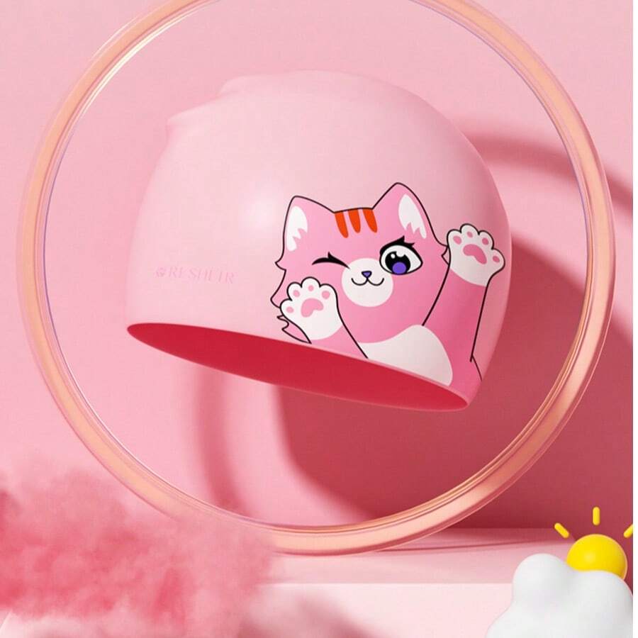 Gorro de natación de silicona para niñas con cabello largo, protección de oídos impermeable cómoda y linda con diseño de dibujos animados, universal - Multicolor - Ver 1