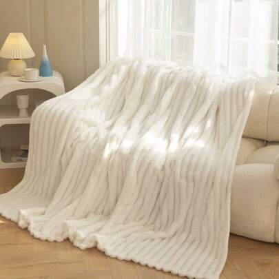 1 chiếc chăn, Chăn lông giả kiểu cổ điển thoải mái - Mềm mại, ấm áp, lựa chọn lý tưởng cho ghế sofa và ghế tựa, họa tiết sọc, có thể giặt máy, chất liệu pha polyester, thoải mái cho mọi mùa, chăn phủ ghế & giường | Chăn mềm | Chất liệu pha polyester, họa tiết thỏ