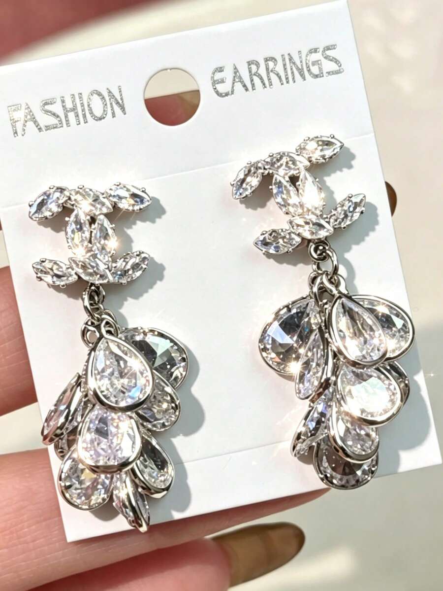 Bông tai bạc hình hoa đính đá Zirconia đa năng, kiểu dáng sang trọng, tinh tế, đính đá siêu nhỏ kiểu Hàn Quốc dành cho nữ.