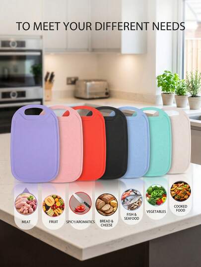 Bộ thớt ăn sáng 7 món, có rãnh thoát nước, thớt nhựa, kích thước 22x15cm, dùng để cắt trái cây, rau củ, thịt, kháng khuẩn, nhựa, chống trượt, màu đen, an toàn khi rửa bằng máy rửa chén.