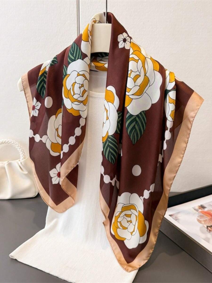 1pc Paisley Pattern Printed Faux Silk Bandana, Men's Versatile Neck Scarf, Headwrap, Sun Protection - Brown - View 1