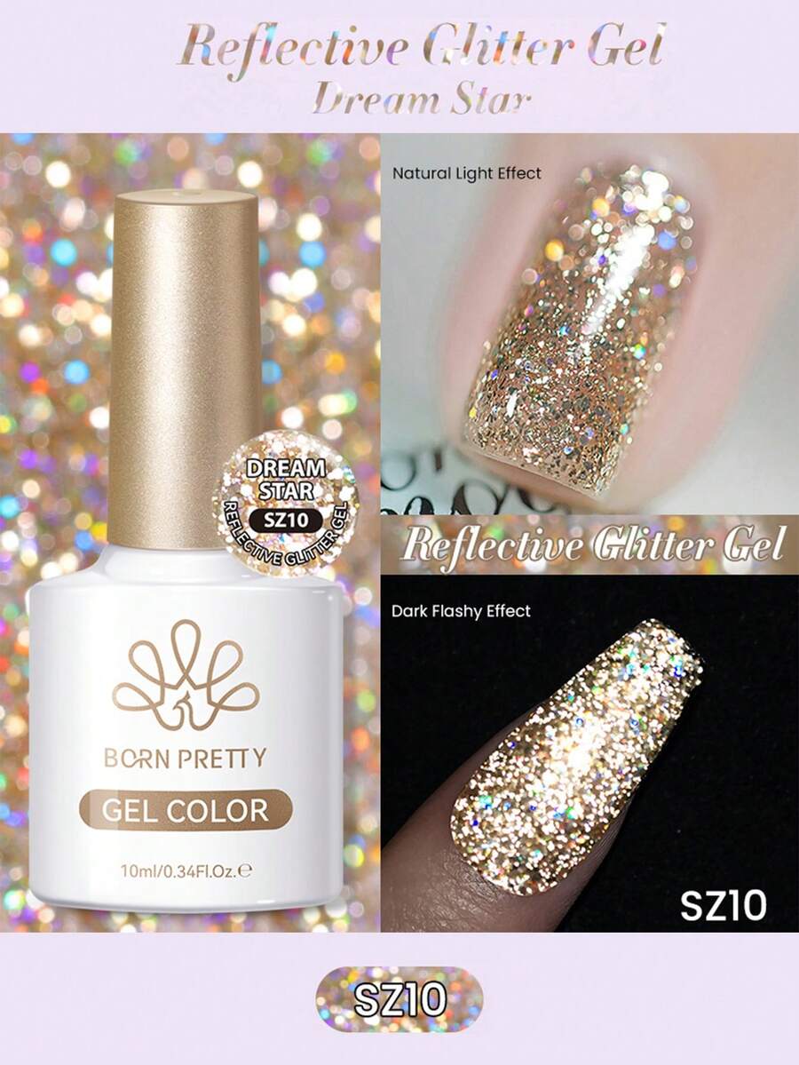 BORN PRETTY 10ml 反光闪粉凝胶 金色 持久可卸 UV LED 凝胶 适用于美甲沙龙 - 彩色 - 查看 1