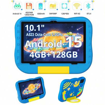 Qetupa K70 10.1英寸安卓14儿童平板电脑，教育类儿童平板电脑，配备防震保护套，A523八核2.0GHz处理器，4GB内存+128GB存储空间（可扩展至1TB），1280*800 IPS高清触摸屏，500万像素+800万像素双摄像头，6000mAh电池。支持WiFi 2.4G+6G，蓝牙5.4&802.11ac，不支持SIM卡，具备家长控制功能，适用于教育和游戏，是圣诞节、万圣节和生日的理想礼物。