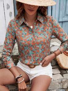 Blusa de mujer elegante de manga larga con estampado artístico, de primavera y otoño, con botones, silueta ajustada, adecuada para vacaciones, citas y uso diario - Óxido marrón - Ver 10