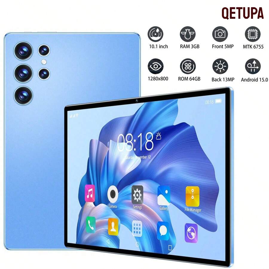 Qetupa 10.1" Android 15 Tablet,Z50 3GB RAM+64GB ROM,MTK 6755 Octa-Core 1.8GHZ Processor,HD(1280x800) IPS Touch Screen,BT 5.2&802.11ac WiFi5,GPS,5MP Front Camera&13MP Rear Camera,6000mAh Large Battery,(No Support SIM Cardand NO Adaptador) - Blue - View 1