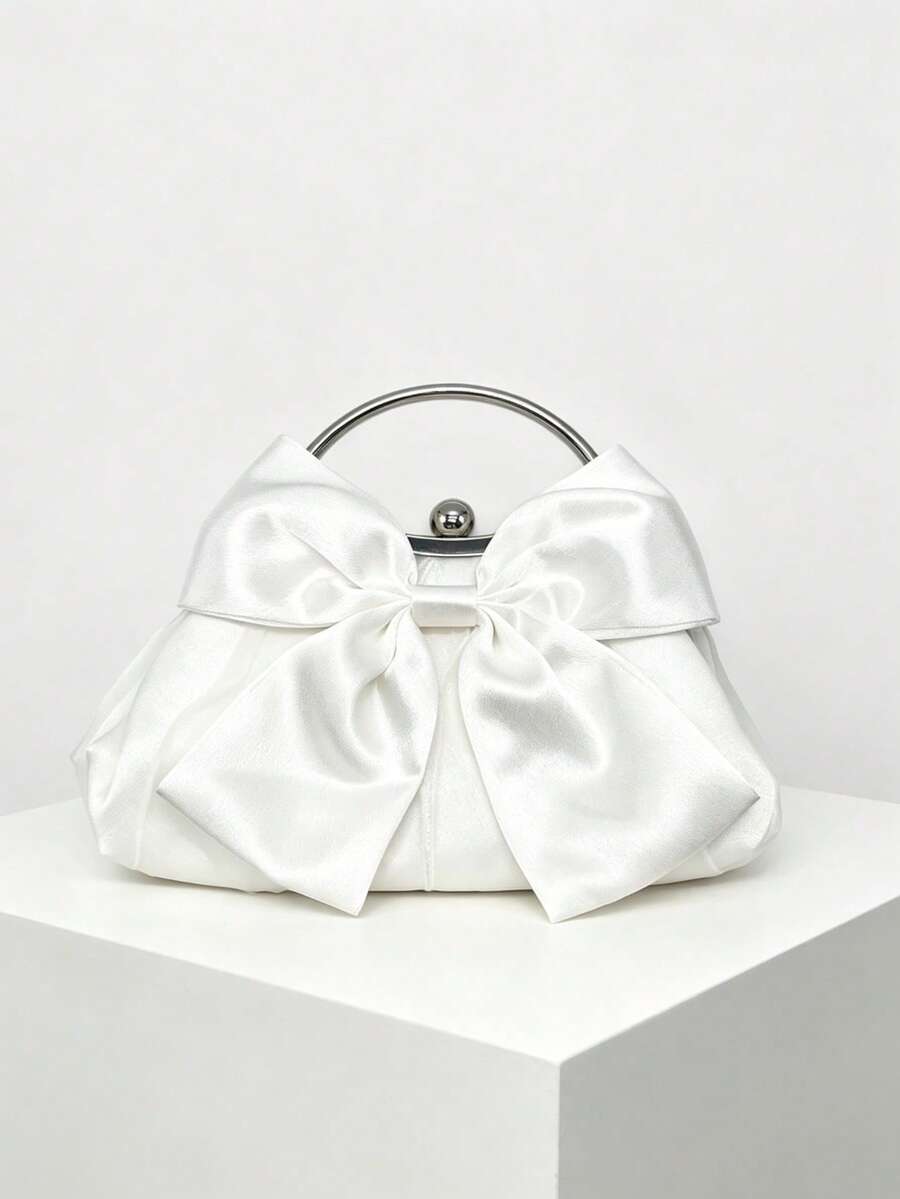 Wealthy Heiress Satin Bow Clasp Clutch Bag, Elegant Party Handbag, Bridesmaid Purse - White - View 1