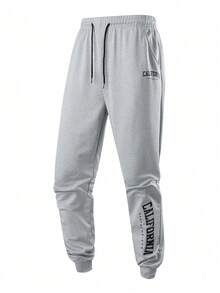 Celana Sweatpants Pria Ringan Longgar Elastis Musim Semi/Panas dengan Tali Serut, Motif Huruf Modis - Grey - View 2