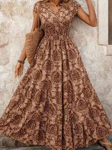 Women's Bohemian Style All-Over Print Vacation Dress, Suitable For Beach - Brown - View 4