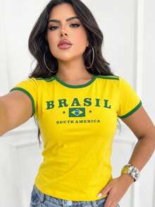 Women's Baby Look T-Shirt, Brazil World Cup, With Green And Yellow Stripes. - Màu vàng - Xem 1