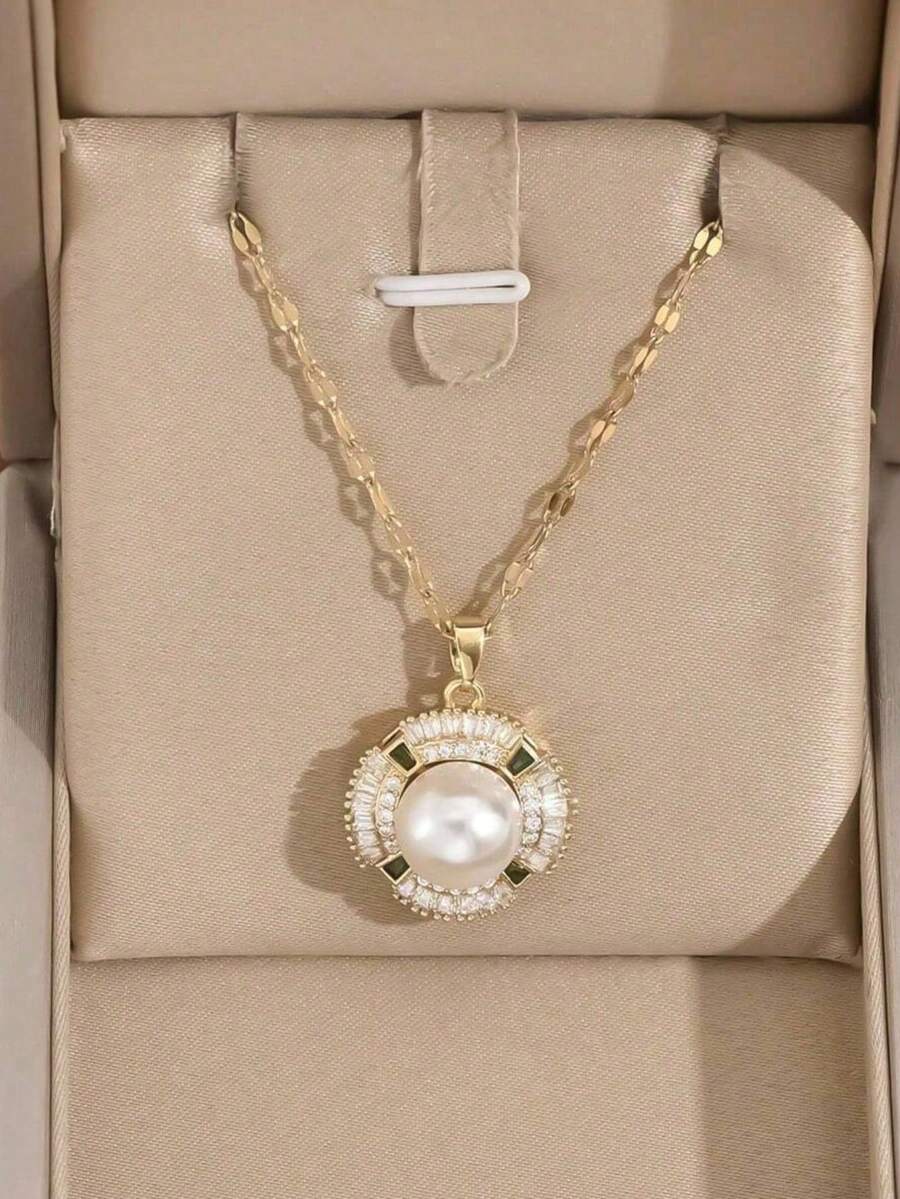 1pc Stainless Steel Chain Round Pendant Necklace, Ins Chic Retro Luxury Minimalist Versatile Necklace For Women, Suitable For Street, Daily, Holiday, Party Wear (Packed In OPP Bag) - Gold - View 1