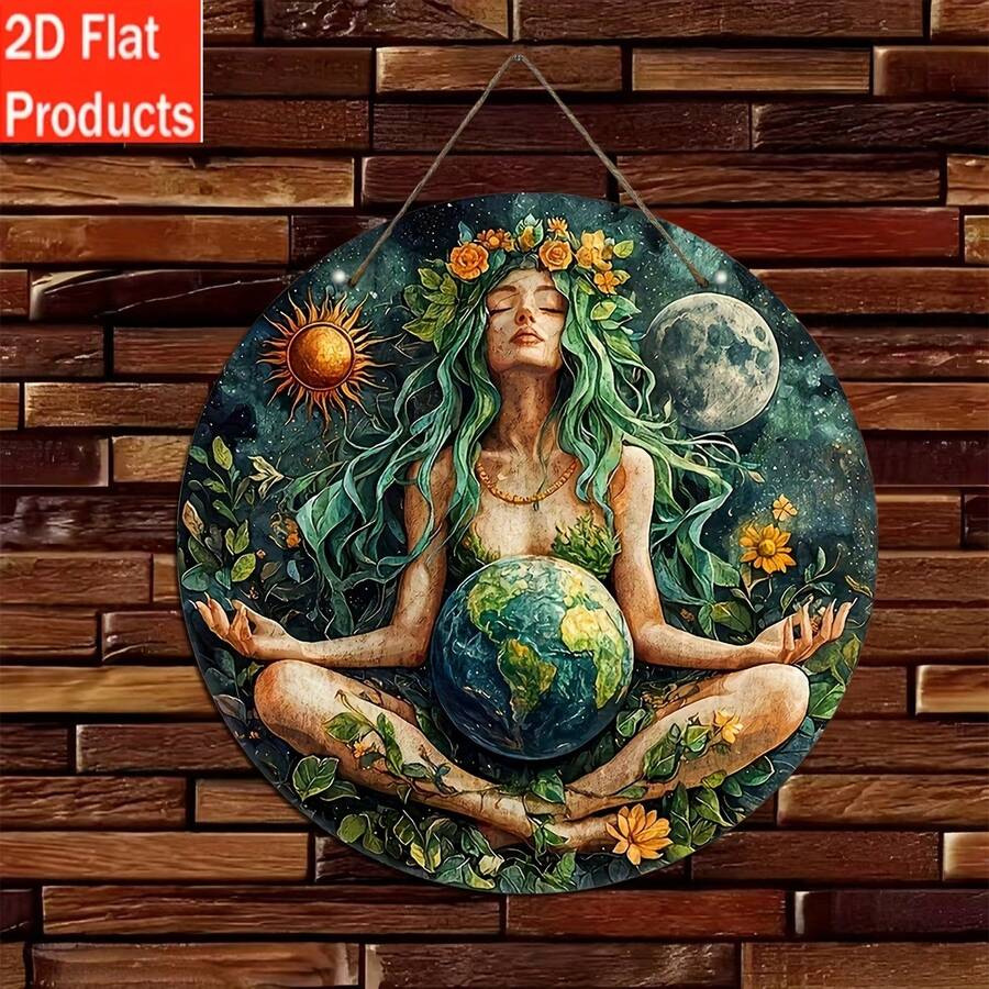 2D平面,1件,8英寸 x 8英寸复古木质盖亚女神挂饰,奇幻主题圆形墙饰,家居装饰,适用于房间、餐厅、酒吧、咖啡馆,完美的节日礼物,2D印刷设计,2D平面 - 木頭 - 查看 1
