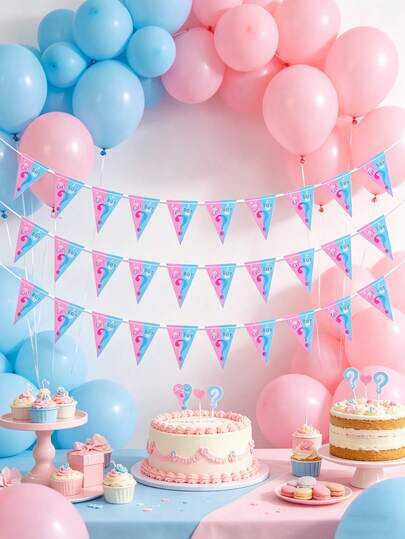 3件套性别揭晓三角旗横幅，婴儿派对悬挂横幅，粉色蓝色男孩或女孩三角旗，他/她婴儿派对性别揭晓派对装饰，性别揭晓派对拍照背景花环用品