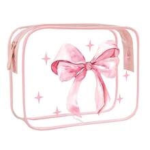 1pc Cute Pink Bow Print Transparent Makeup Bag, Waterproof PVC Clear Toiletry Pouch, Portable Adorable Cosmetic Organizer For Girl Daily Use - Transparent - View 5