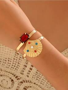 1 Pc Boho Summer Beach Golden Seashell & Red Blue Rrhinestone Open Cuff Woman's Bracelet With Faux Pearl ,Vintage Holday Jewelry Wearing Gifts For Daily Dating Party - Blue and Red - View 7