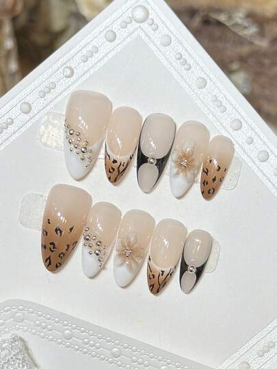 10pcs Sweet Floral Leopard Print Handmade Press On Nails, Nude Brown Ombre With Stud, 3D Flower & Rhinestone Fake Nails, Medium Almond Nails Spring Summer Acrylic False Nails For Daily & Party Wear, With Jelly Glue And Nail File, DIY Nail Art Supplies