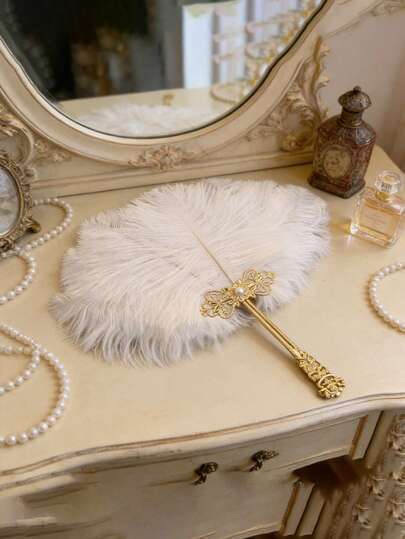 Retro Palace Style Luxury Feather Fan, Inlaid With Gold Carved Diamond And Pearl Handle, Hanfu Cheongsam Photography Prop, Elegant Party Dance Fan, Fashionable Home Decor Fan, Graduation Celebration, Summer Essential Portable Tool